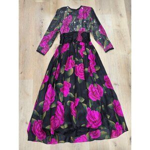 Vintage Liancarlo Sequin Floral Prom Dress Black Pink Formal Gown 10